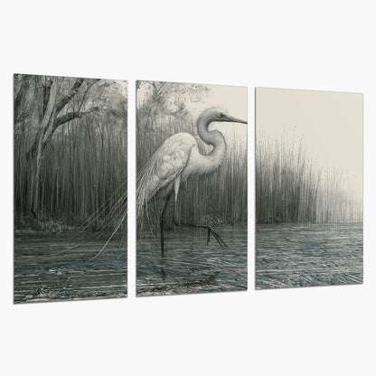 A pale long-legged heron standing beside tall reeds in a muted gray-green wetland set of 3 poster prints on a white background