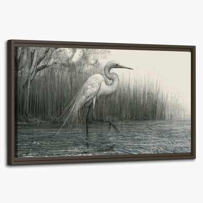 A pale long-legged heron standing beside tall reeds in a muted gray-green wetland single framed canvas wall art on a white background
