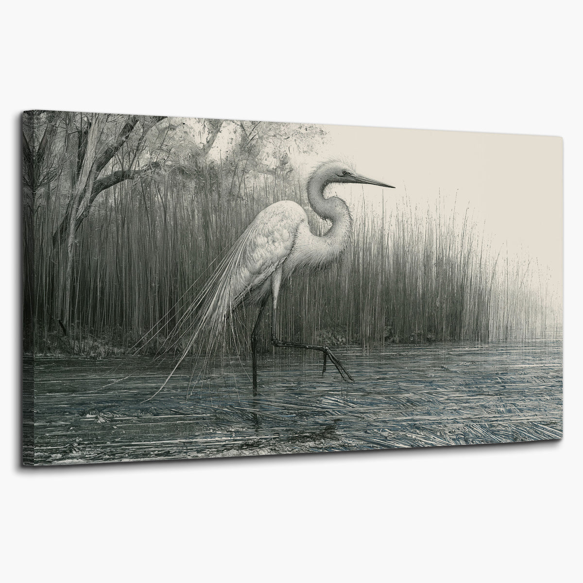 A pale long-legged heron standing beside tall reeds in a muted gray-green wetland single canvas wall art on a white background