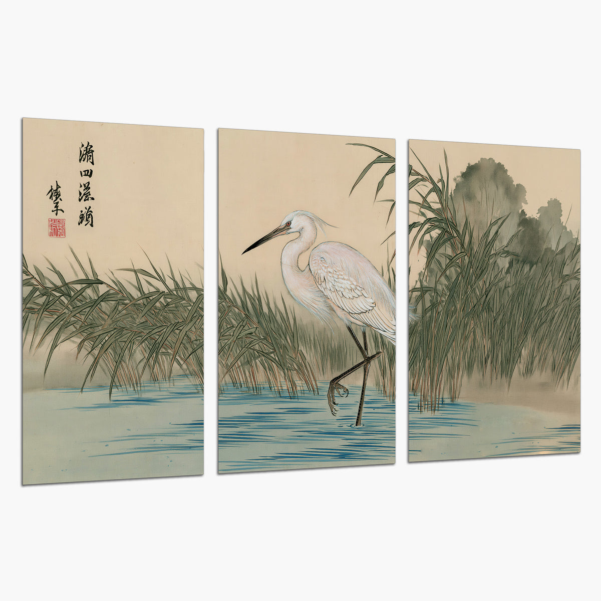 A white heron standing beside a quiet river with reeds and distant hills set of 3 poster prints on a white background