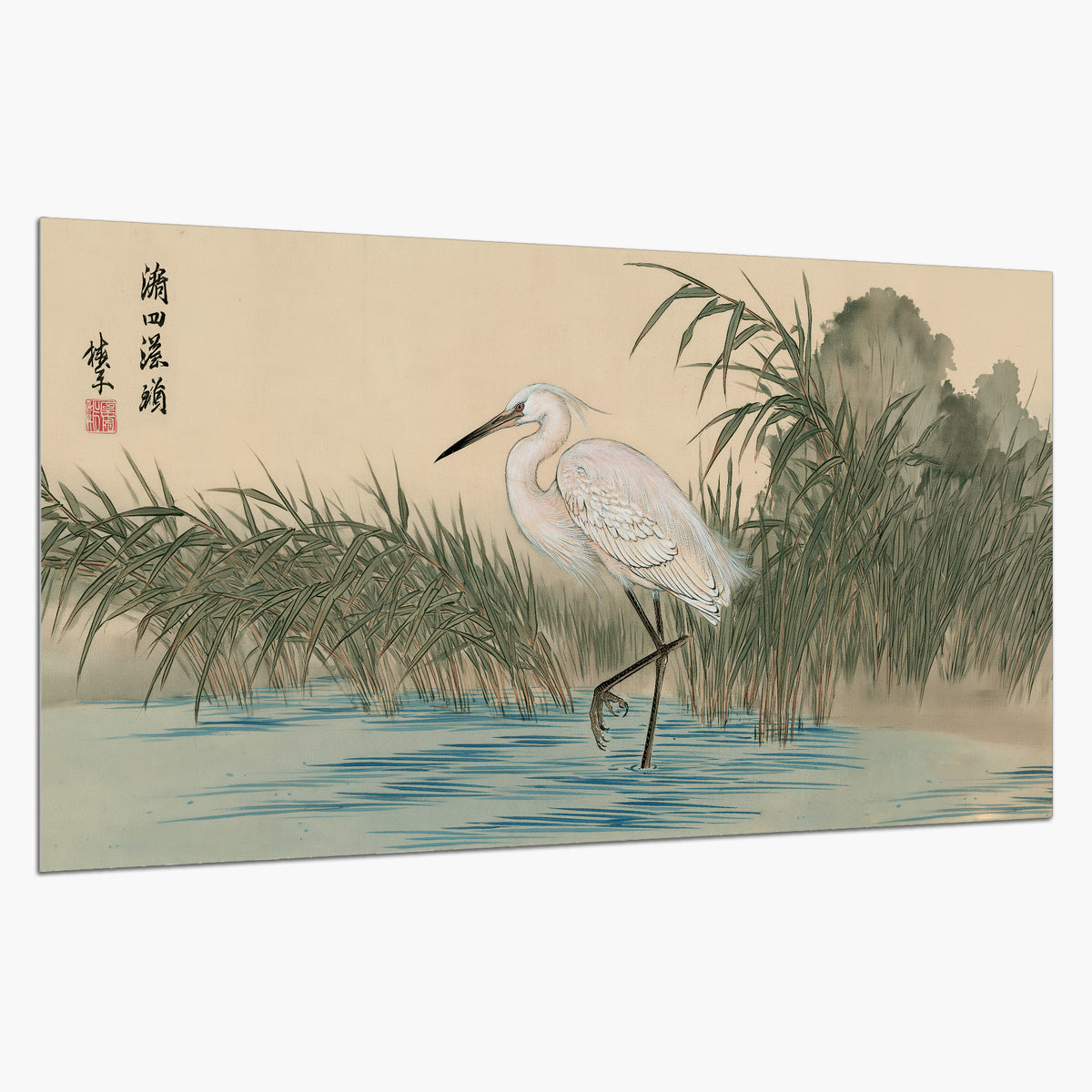 A white heron standing beside a quiet river with reeds and distant hills single poster print on a white background