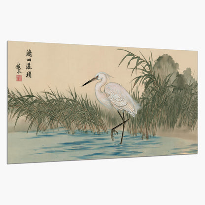 A white heron standing beside a quiet river with reeds and distant hills single poster print on a white background