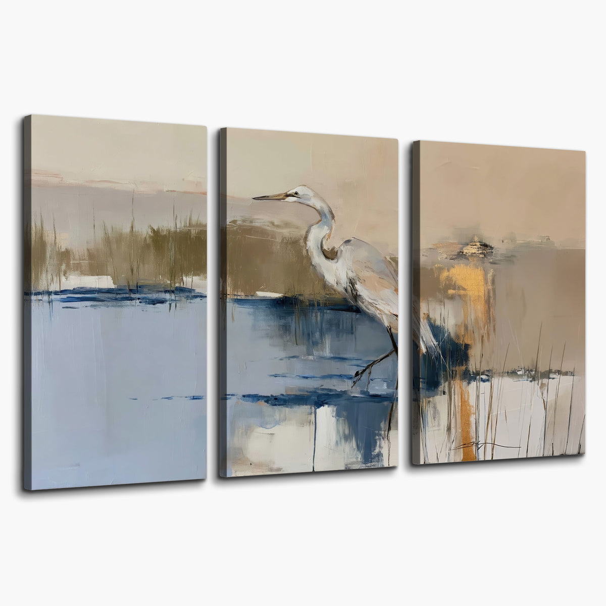 A slender heron standing in blue water among loose ochre and cream brushstrokes 3 piece canvas wall art on a white background