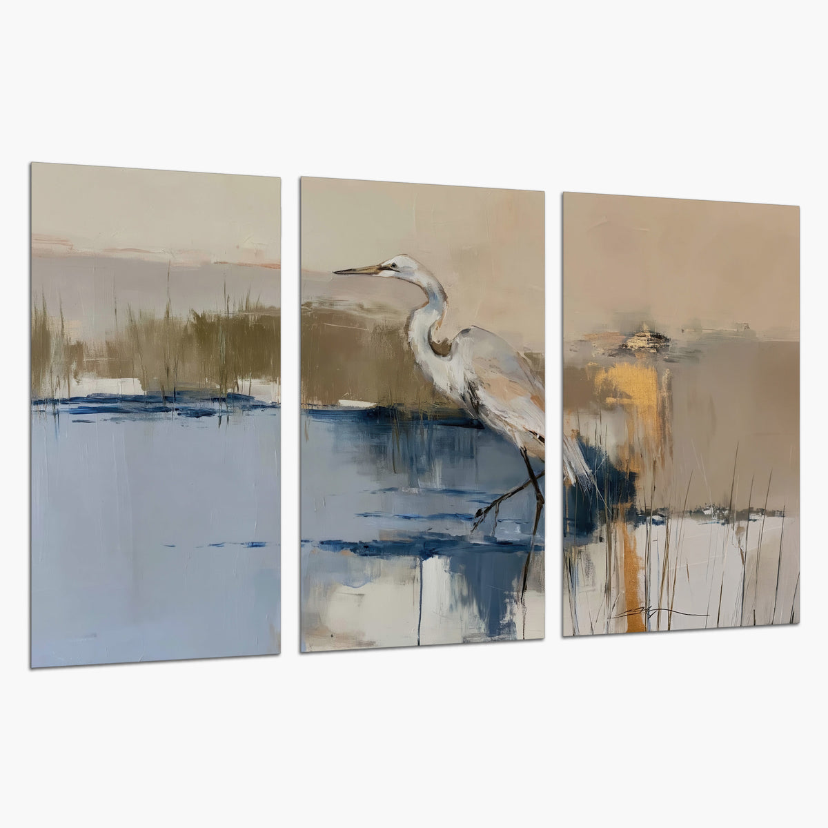 A slender heron standing in blue water among loose ochre and cream brushstrokes set of 3 poster prints on a white background