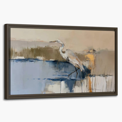 A slender heron standing in blue water among loose ochre and cream brushstrokes single framed canvas wall art on a white background