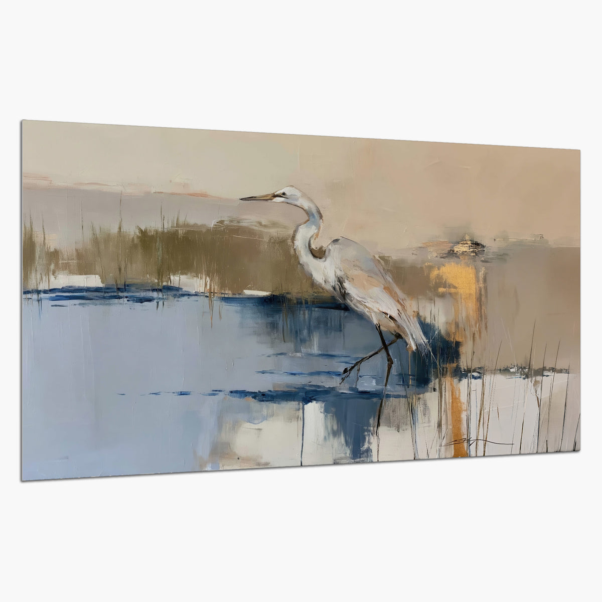 A slender heron standing in blue water among loose ochre and cream brushstrokes single poster print on a white background