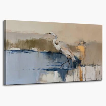 A slender heron standing in blue water among loose ochre and cream brushstrokes single canvas wall art on a white background