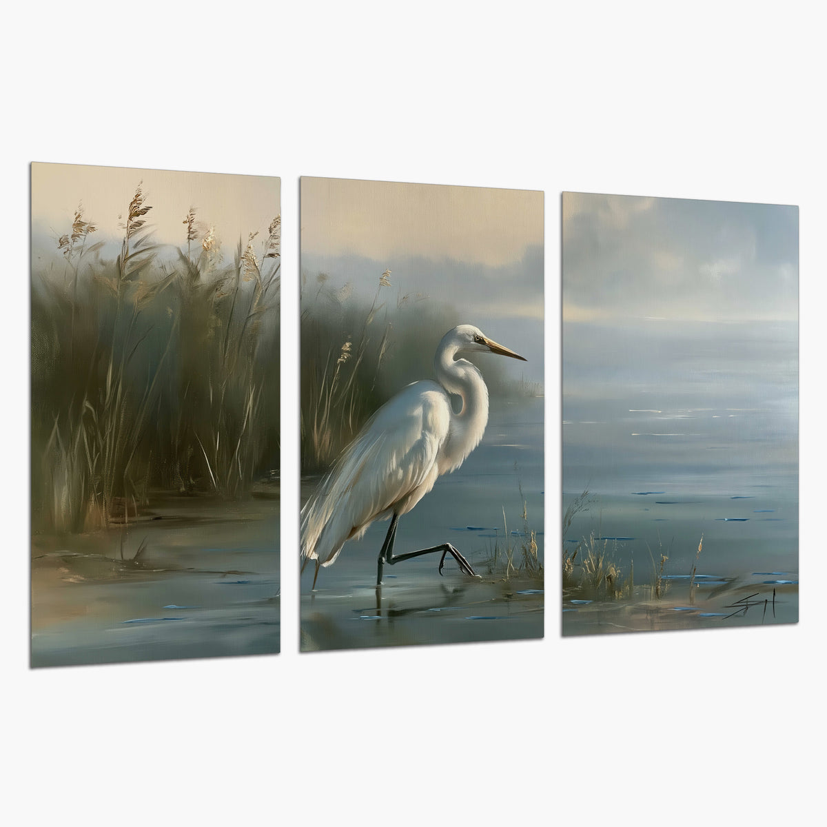 A white heron beside tall marsh grasses and still blue water set of 3 poster prints on a white background