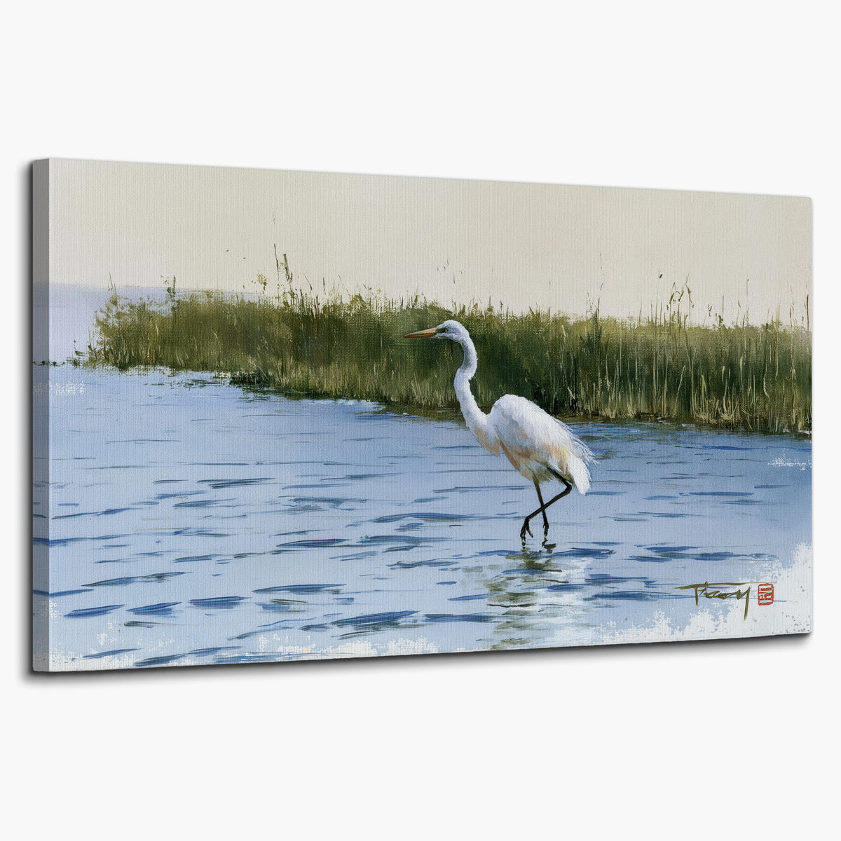 A white heron wading through bright blue water beside green reeds single canvas wall art on a white background