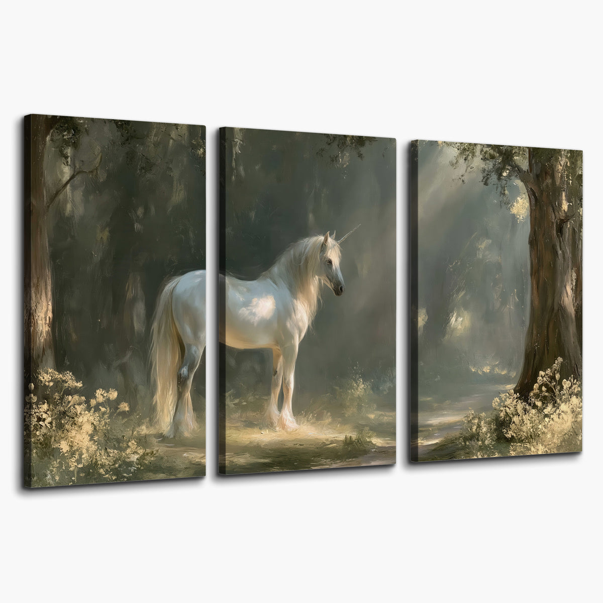 A white unicorn standing beneath arching trees in a softly lit woodland 3 piece canvas wall art on a white background
