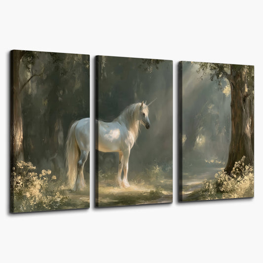 A white unicorn standing beneath arching trees in a softly lit woodland 3 piece canvas wall art on a white background