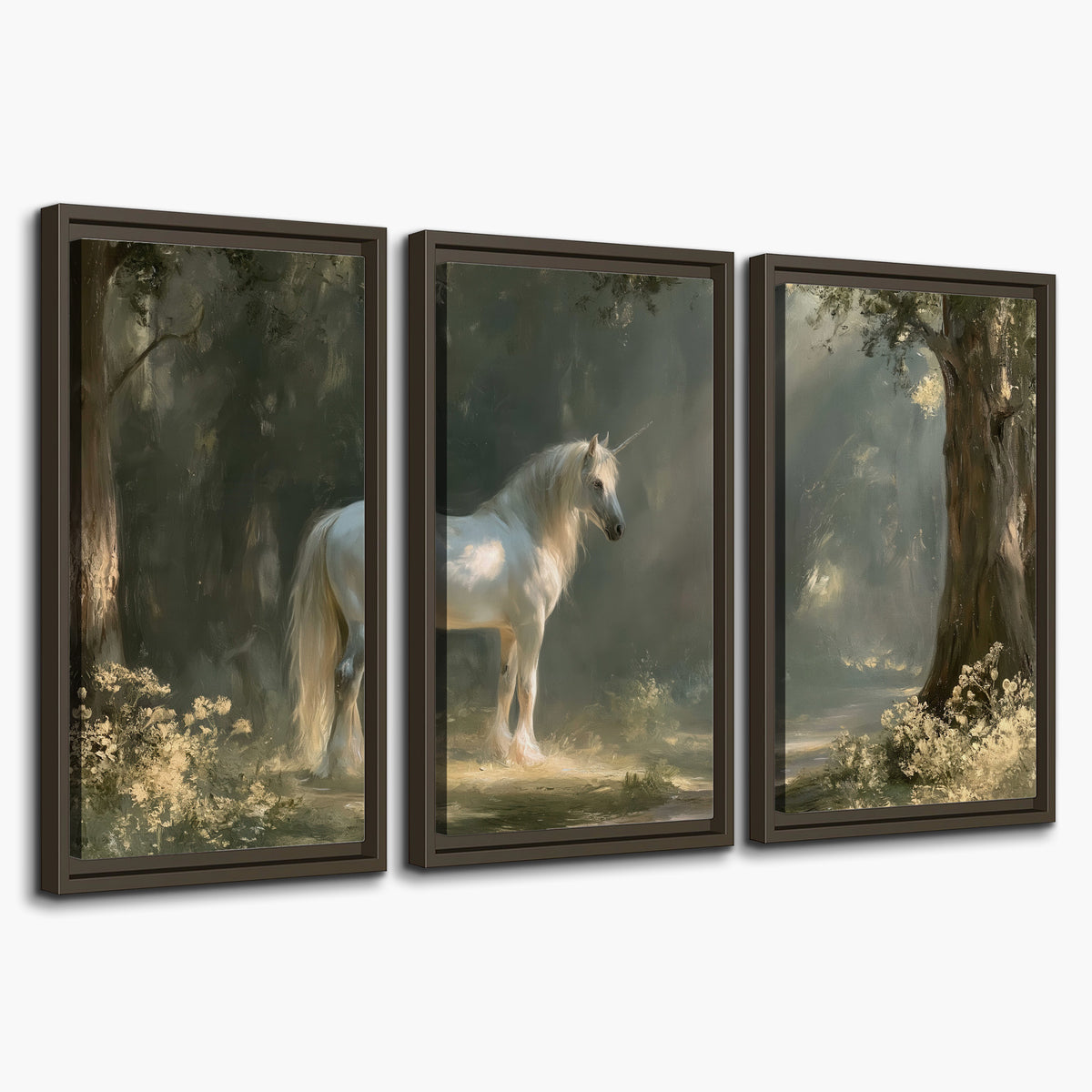 A white unicorn standing beneath arching trees in a softly lit woodland 3 piece framed canvas wall art on a white background