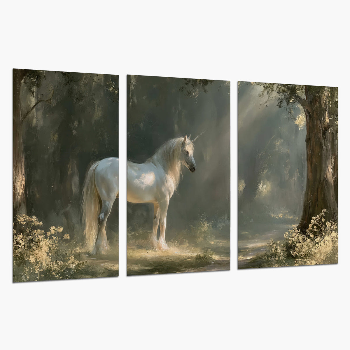 A white unicorn standing beneath arching trees in a softly lit woodland set of 3 poster prints on a white background