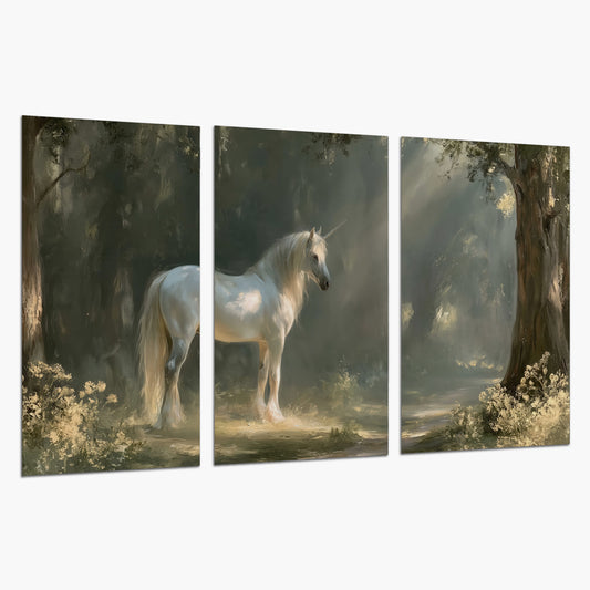 A white unicorn standing beneath arching trees in a softly lit woodland set of 3 poster prints on a white background