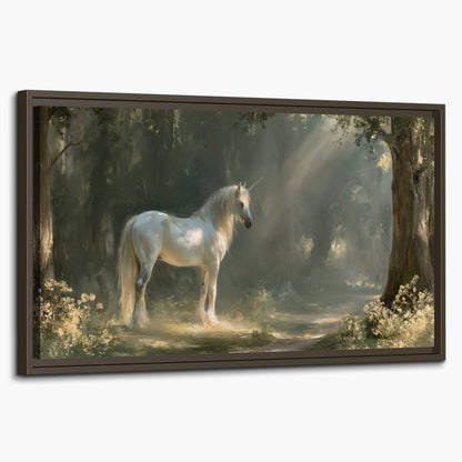 A white unicorn standing beneath arching trees in a softly lit woodland single framed canvas wall art on a white background