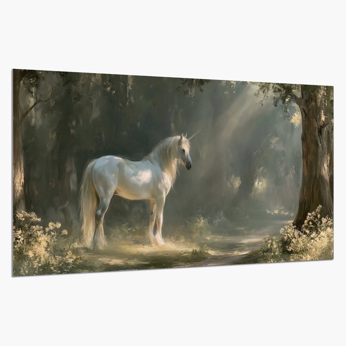 A white unicorn standing beneath arching trees in a softly lit woodland single poster print on a white background