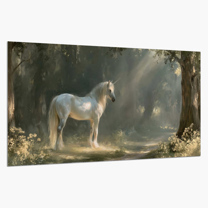 A white unicorn standing beneath arching trees in a softly lit woodland single poster print on a white background