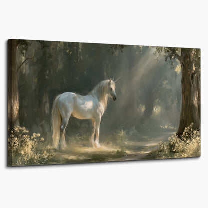 A white unicorn standing beneath arching trees in a softly lit woodland single canvas wall art on a white background