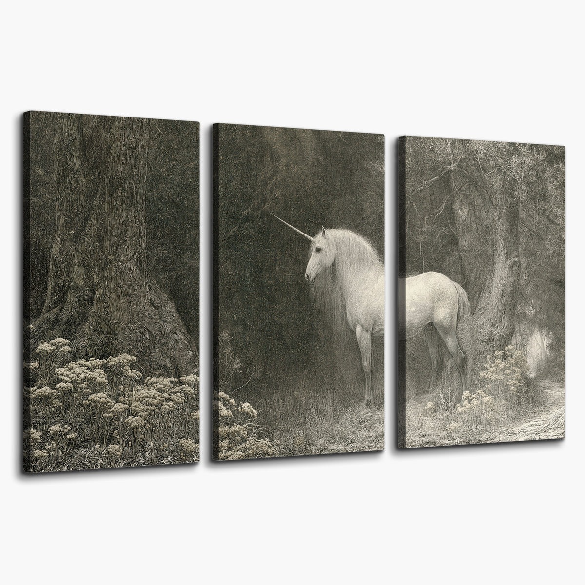 A pale unicorn surrounded by fine gray woodland branches and soft mist 3 piece canvas wall art on a white background