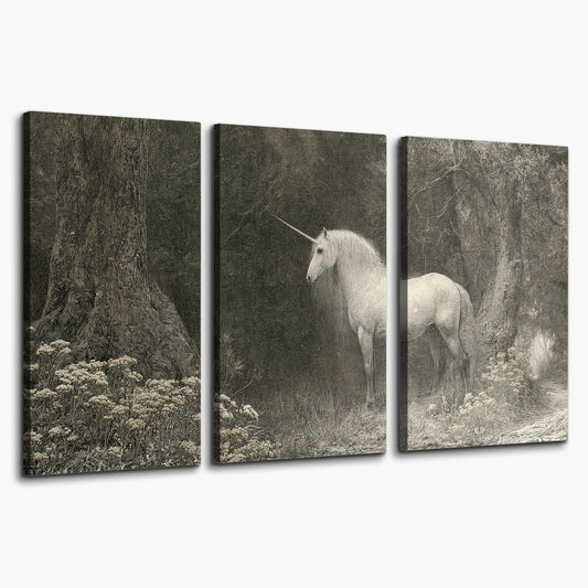 A pale unicorn surrounded by fine gray woodland branches and soft mist 3 piece canvas wall art on a white background