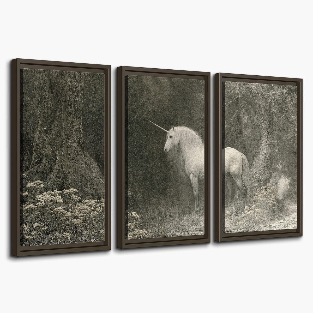 A pale unicorn surrounded by fine gray woodland branches and soft mist 3 piece framed canvas wall art on a white background
