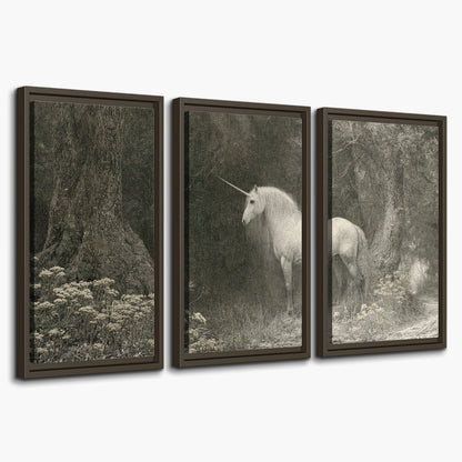 A pale unicorn surrounded by fine gray woodland branches and soft mist 3 piece framed canvas wall art on a white background
