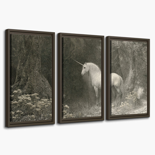 A pale unicorn surrounded by fine gray woodland branches and soft mist 3 piece framed canvas wall art on a white background