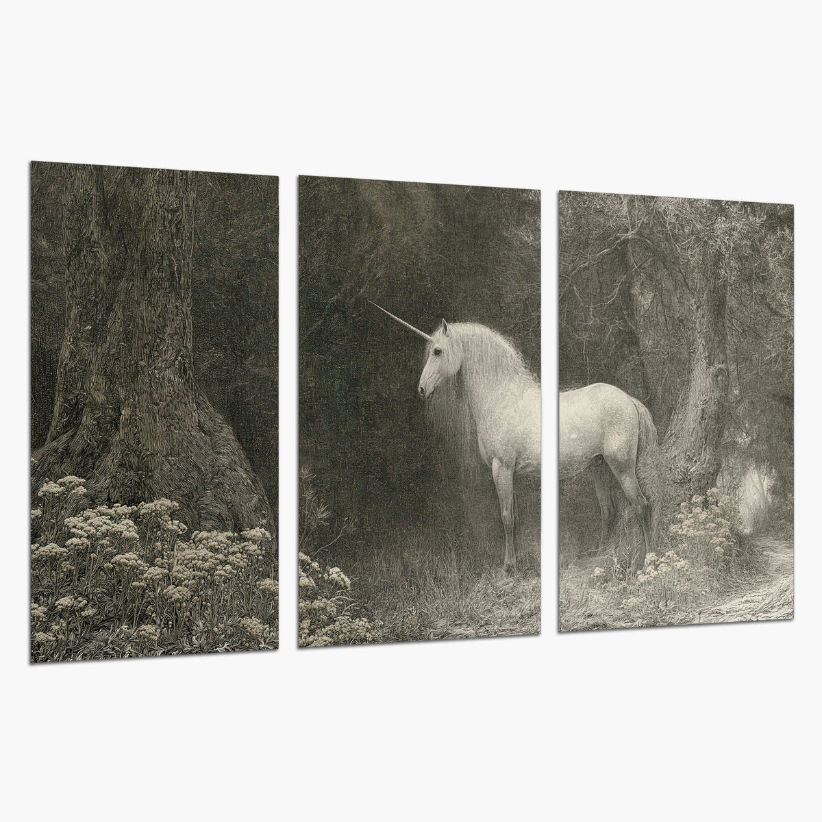 A pale unicorn surrounded by fine gray woodland branches and soft mist set of 3 poster prints on a white background