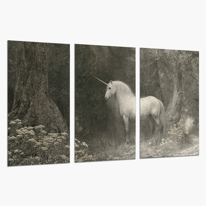 A pale unicorn surrounded by fine gray woodland branches and soft mist set of 3 poster prints on a white background