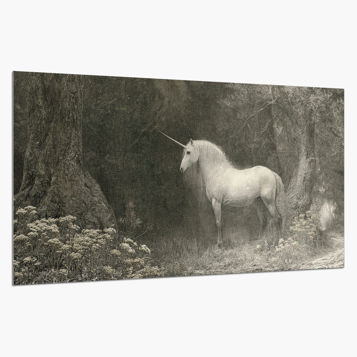 A pale unicorn surrounded by fine gray woodland branches and soft mist single poster print on a white background