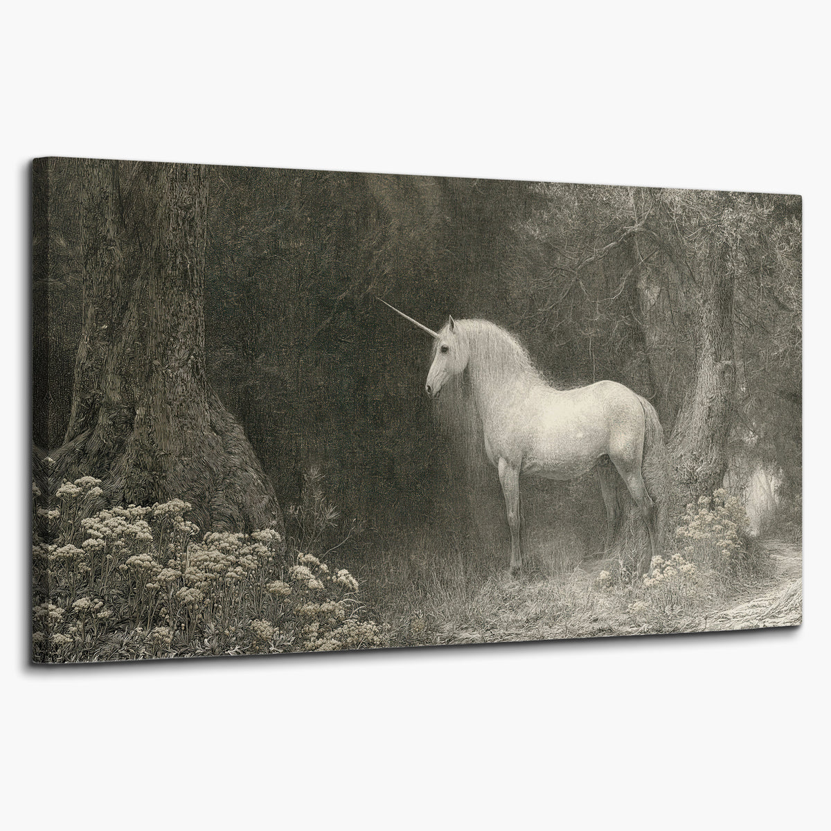 A pale unicorn surrounded by fine gray woodland branches and soft mist single canvas wall art on a white background