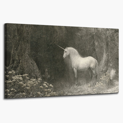 A pale unicorn surrounded by fine gray woodland branches and soft mist single canvas wall art on a white background