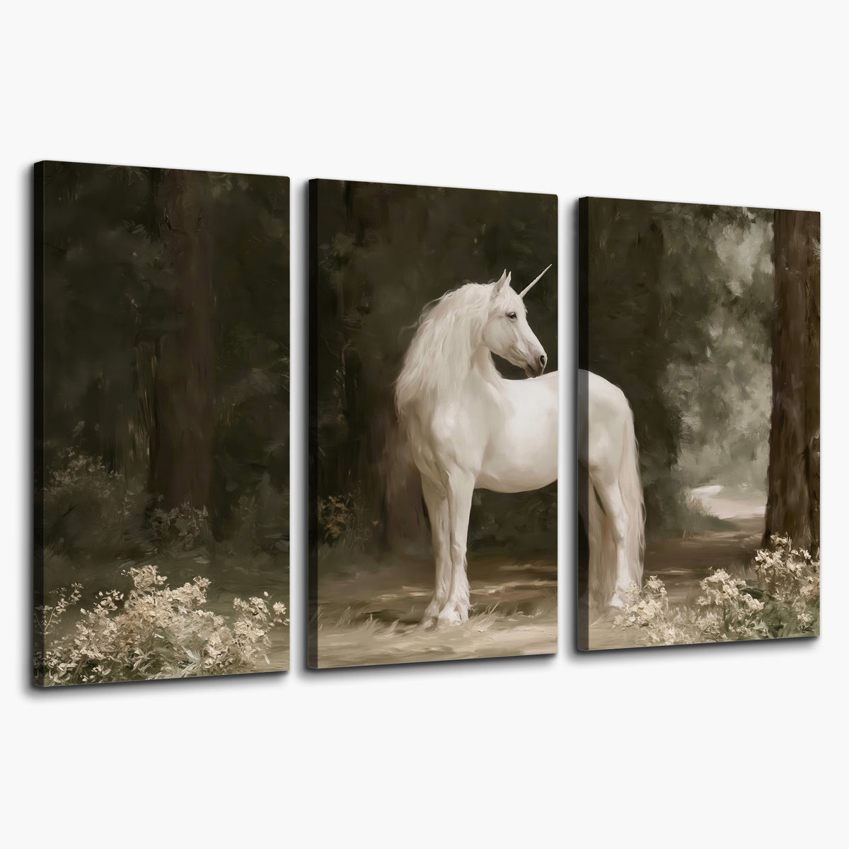 A white unicorn standing in a shadowed forest clearing among dark tree trunks 3 piece canvas wall art on a white background