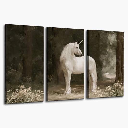 A white unicorn standing in a shadowed forest clearing among dark tree trunks 3 piece canvas wall art on a white background