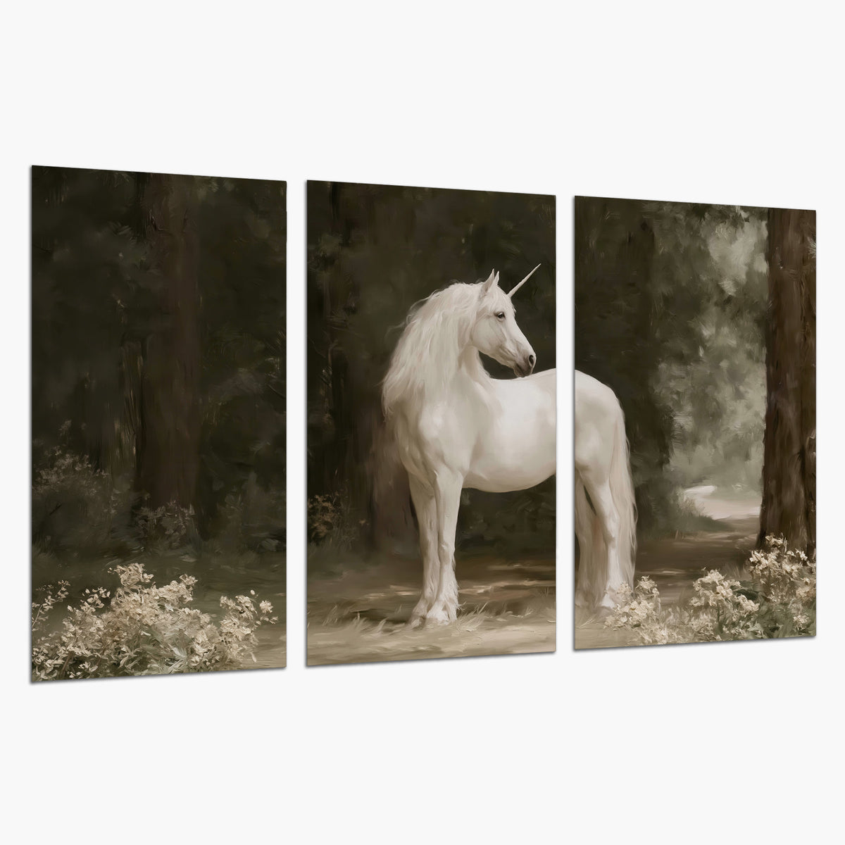 A white unicorn standing in a shadowed forest clearing among dark tree trunks set of 3 poster prints on a white background