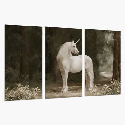 A white unicorn standing in a shadowed forest clearing among dark tree trunks set of 3 poster prints on a white background