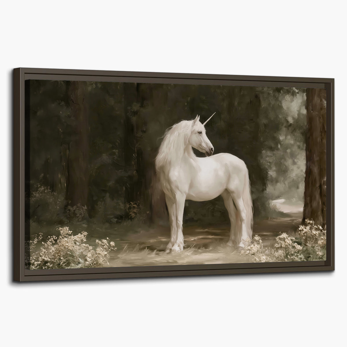 A white unicorn standing in a shadowed forest clearing among dark tree trunks single framed canvas wall art on a white background