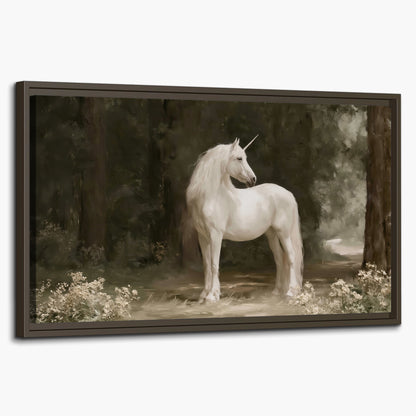 A white unicorn standing in a shadowed forest clearing among dark tree trunks single framed canvas wall art on a white background