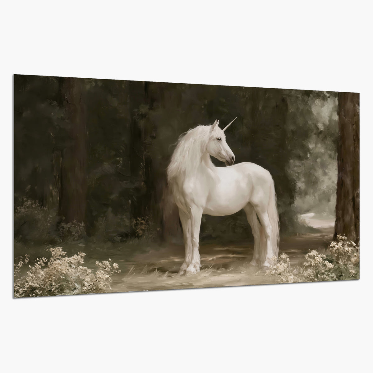 A white unicorn standing in a shadowed forest clearing among dark tree trunks single poster print on a white background