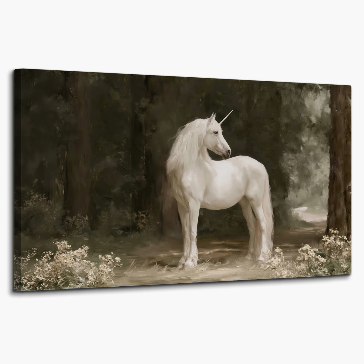 A white unicorn standing in a shadowed forest clearing among dark tree trunks single canvas wall art on a white background