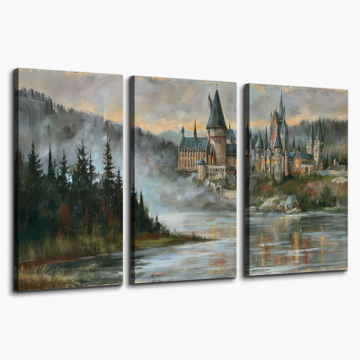 A storybook castle on a wooded riverbank beneath a cool misty sky 3 piece canvas wall art on a white background