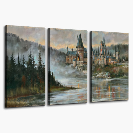 A storybook castle on a wooded riverbank beneath a cool misty sky 3 piece canvas wall art on a white background