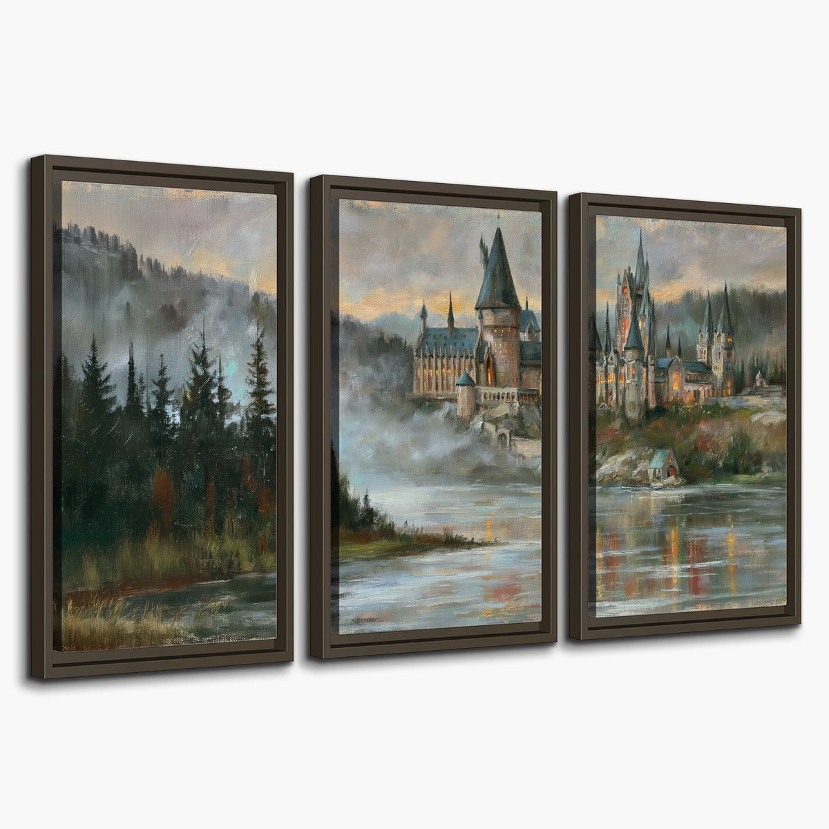A storybook castle on a wooded riverbank beneath a cool misty sky 3 piece framed canvas wall art on a white background