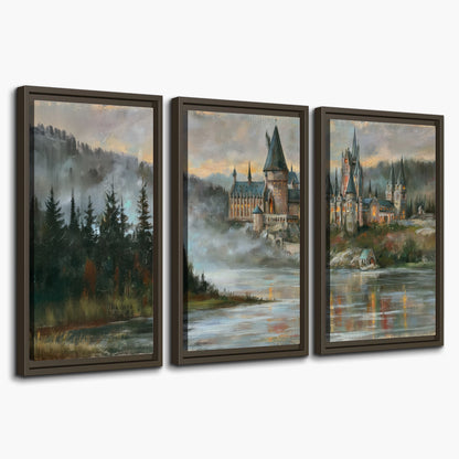 A storybook castle on a wooded riverbank beneath a cool misty sky 3 piece framed canvas wall art on a white background