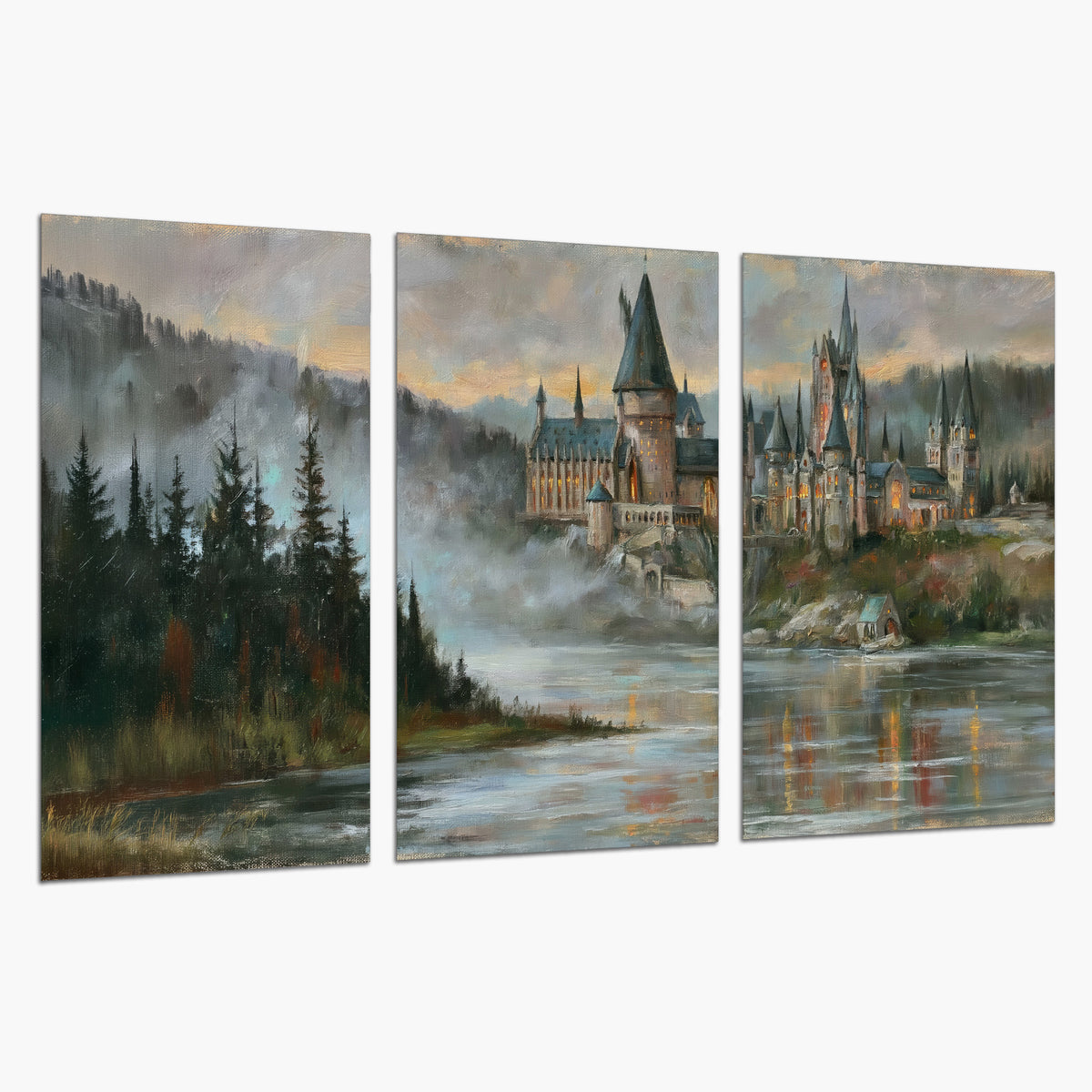 A storybook castle on a wooded riverbank beneath a cool misty sky set of 3 poster prints on a white background