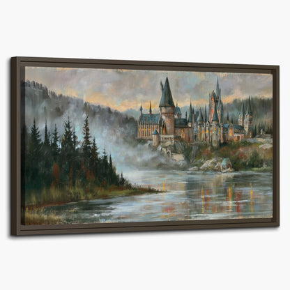 A storybook castle on a wooded riverbank beneath a cool misty sky single framed canvas wall art on a white background