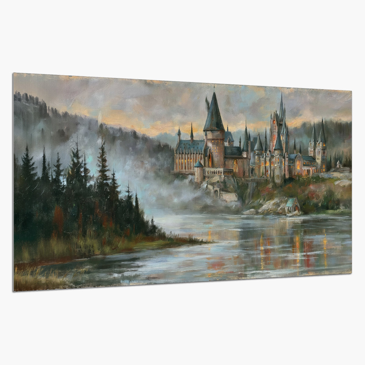 A storybook castle on a wooded riverbank beneath a cool misty sky single poster print on a white background