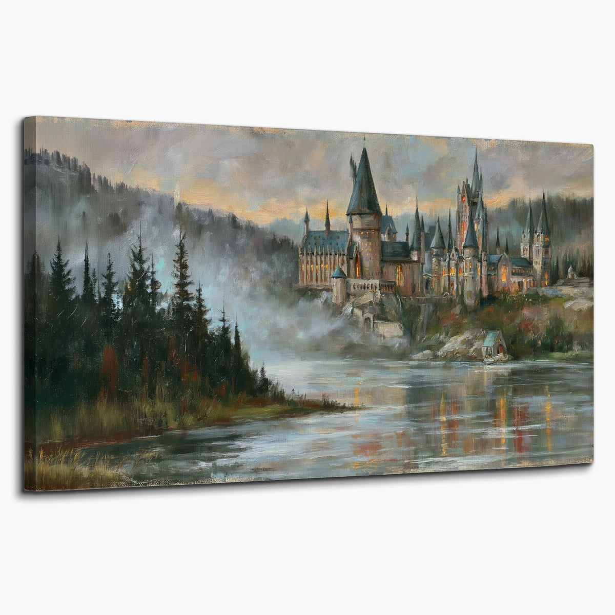 A storybook castle on a wooded riverbank beneath a cool misty sky single canvas wall art on a white background