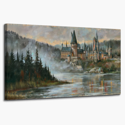 A storybook castle on a wooded riverbank beneath a cool misty sky single canvas wall art on a white background