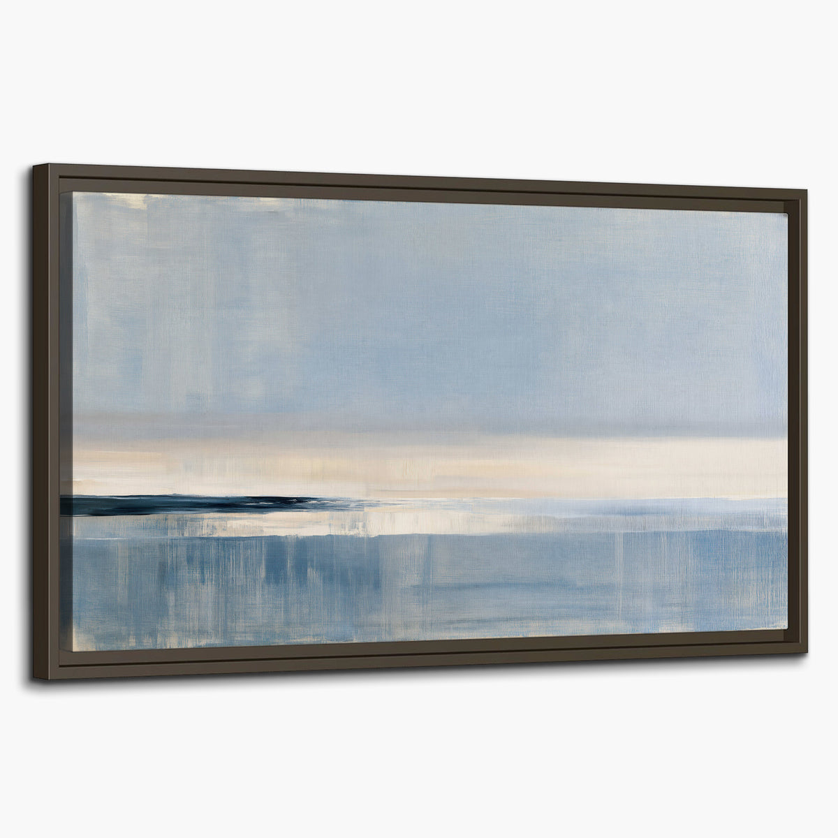 A minimal blue seascape with a pale horizon and soft vertical reflections single framed canvas wall art on a white background